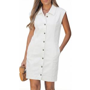 GRAPENT Denim Dress for Women Stretchy Cap Sleeve Button Down Casual Collared Above Knee Short Jean Dresses with Pockets, Small