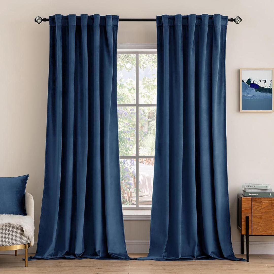 MIULEE Navy Blue Velvet Curtains 96 inches - Luxury Blackout Curtains for Bedroom Living Room Thermal Insulated Super Soft Window Drapes Rod Pocket & Back Tab, W52 x L96 inches, 2 Panels