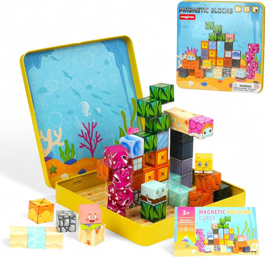 49PCS Mini Magnetic Blocks Ocean Theme  Sea Life STEM Building Cubes, Educational Magnet Toy with Iron Box, Creative & Safe Travel Gift for Kids Ages 38, Boys & Girls