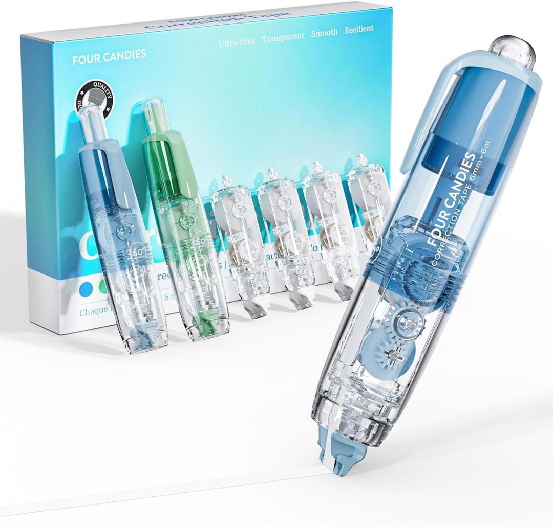 Four Candies Refillable Retractable White Correction Tape, 2PCS White Cute Smooth Push Pull Out Tape with 4 Extra Refills, Aesthetic Pen Shaped Applicator for School Office Supplies (Blue Green)