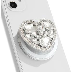 OnTheGrip Compatible with Magsafe Cute Cubic Diamond Heart Shape Design Collapsible Mobile Phone Grip Stand Holder for Smartphone Tablet Cell Phone Accessory (Silver Small)