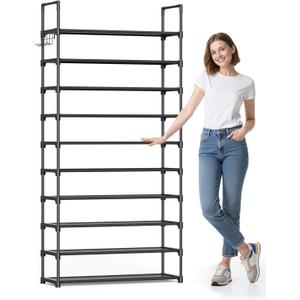 Kitsure Shoe Rack for Closet - 10-Tier Shoe Organizer with Hook Rack, Large-Capacity & Space-Saving Shoe Shelf for Entryway, Bedroom, Living Room,32.2" x 11.8" x 68.5", Black