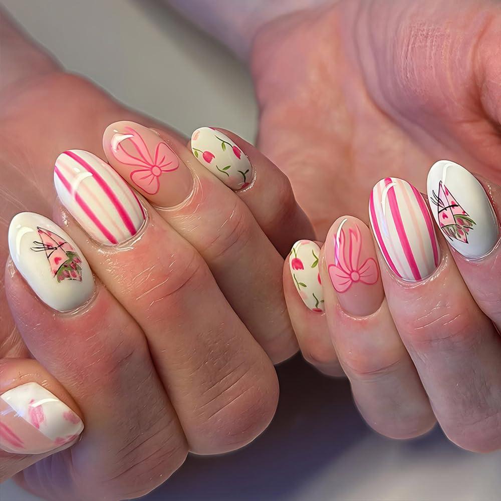 Valentine French Tip Lip Print Press on Nails Short Oval Fake Nails with Pink Bow Designs Colorful Stripe Nails Press ons Tulip Spring Glue on Nails Gradient Acrylic False Nails for Women Girls 24Pcs