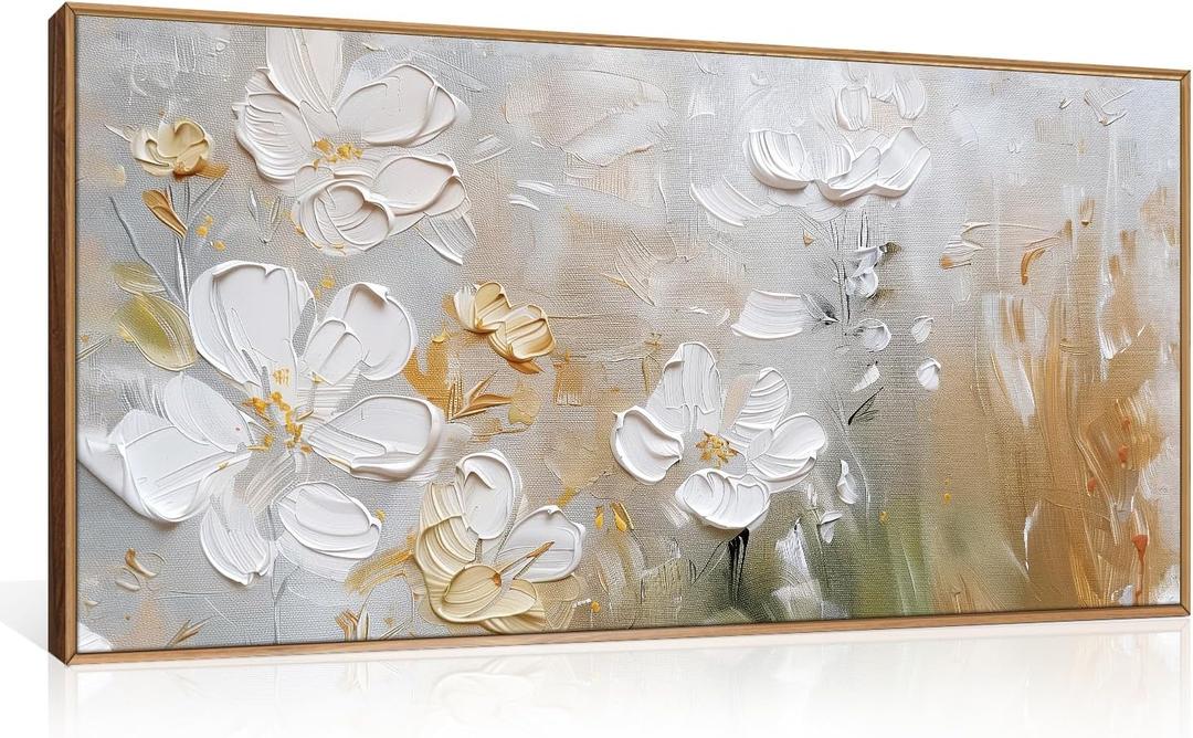 HPNIUB Large Hand-Painted White Flower Framed Wall Art Modern White and Gold Floral Canvas Oil Painting Nature Botanical Wall Decor Abstract Aesthetic Artwork for Living Room Bedroom Decor -20"x40"