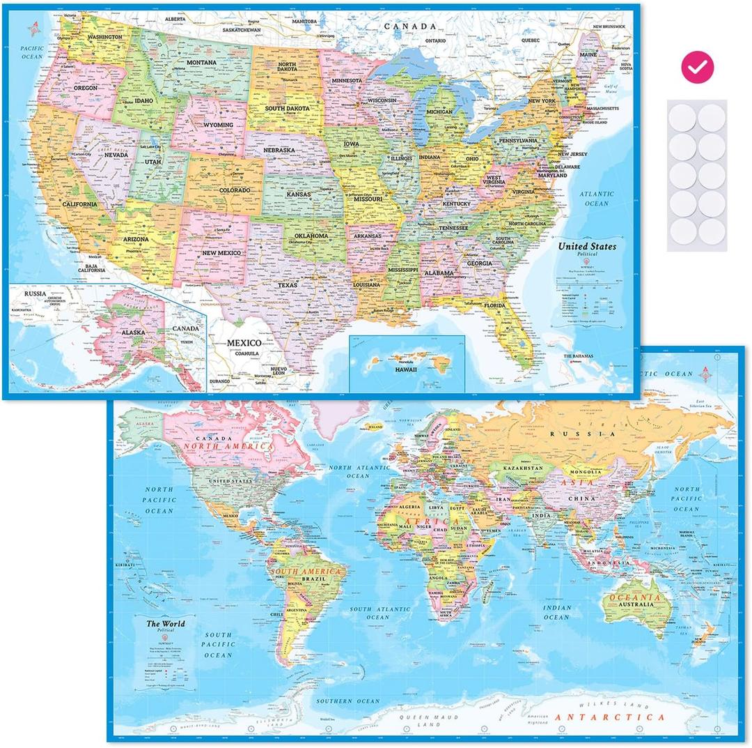 2 Pack Laminated World Map & USA Map Poster Set 18"x29" Wall Chart | Educational Geography Decor for Classroom, Home, School, Office | Matte No-Glare with Adhesive Stickers