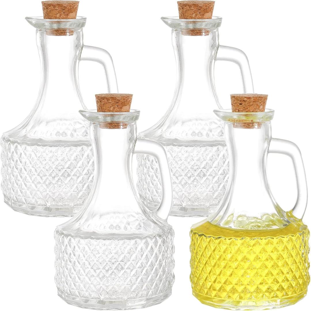 Frcctre 4 Pack Glass Oil and Vinegar Cruets Bottles, 13.5 Ounce Glass Olive Oil Dispenser Bottle with Handle and Cork, Soy Sauce Salad Dressing Syrup Liquid Dispenser for Kitchen