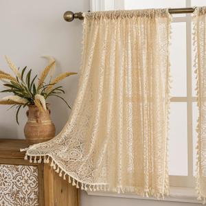 YJ YANJUN Boho Lace Curtains 36 inch Length 2 Panels, Beige Floral Kitchen Window Curtains Over Sink,Each 59" W x 36" L, Crochet Country Short Tassel Cafe Drapes for Laundry Room Basement Bathroom