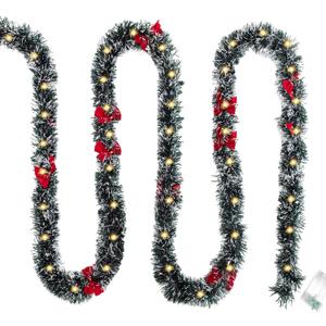 16.4 Ft Dark Green Frost Tip Metallic Tinsel Garland with 50 Warm LED Lights, Artificial Xmas Tree Decoration for Indoor Outdoor, Holiday Party Supplies