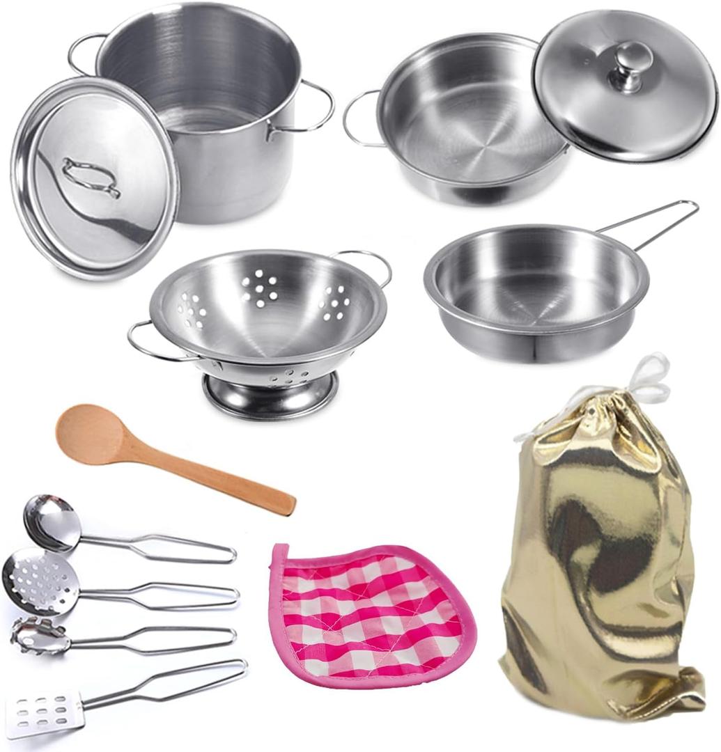 Mini Play Pots and Pans Toys for Kids Kitchen Playset Pretend Cookware Utensils Play Set Play Cooking Toys Mini Stainless Steel Cooking Utensils Toys Kitchen Playset Accessories for Boys Girls