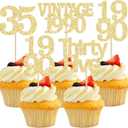 Gyufise 24Pcs Happy 35th Birthday Cupcake Toppers Glitter Thirty Five 35 Fabulous Vintage 1990 Cupcake Picks for 30th Birthday Wedding Anniversary Party Cake Decorations Supplies Gold, 2 pack