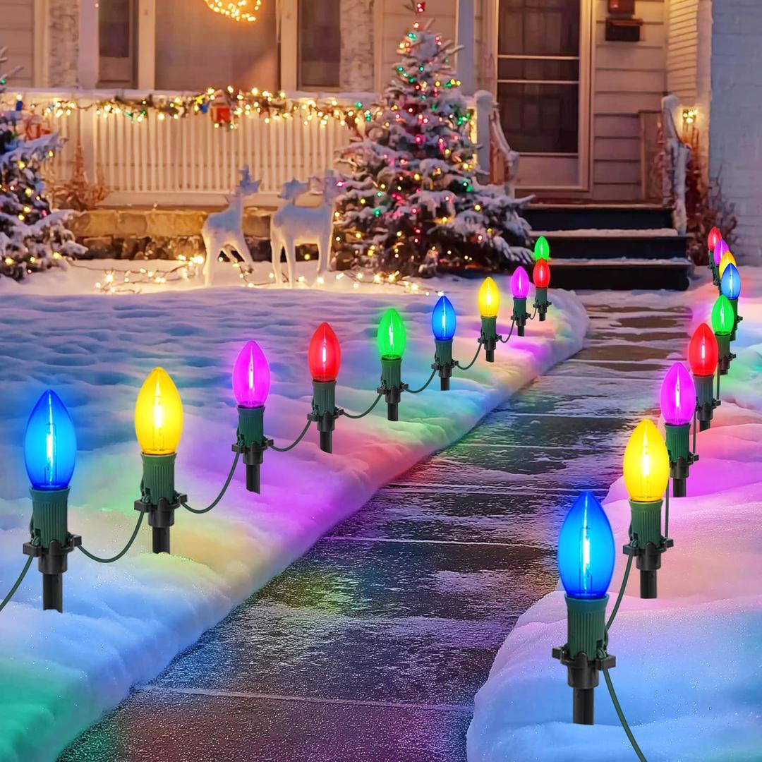 30Ft C9 Led Christmas Pathway Lights Outdoor, 20 Multicolor Bulbs Waterproof Connectable Christmas Walkway Lights with Stakes for Yard Lawn Sidewalk Driveway Decorations