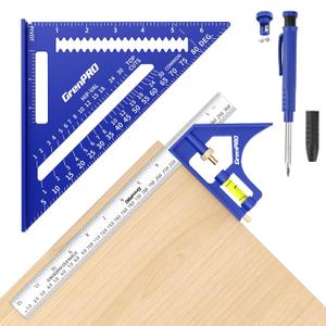 GRENPRO Square Combination Woodworking Tools, 7inch Carpenter Square Wood Working Tools and Accessories, 12inch Square Ruler, Includes 2-in-1 Carpentry Pencil, Protractor Angle Ruler Carpentry Tool