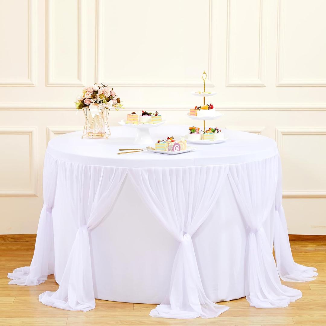 Besutolife White Round Tablecloth 5ft Tulle Ruffle Table Cloth for Wedding Birthday Party Bridal Shower Banquet Dinner Table Decorations