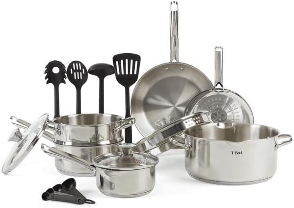 T-fal Cook & Strain Stainless Steel Cookware Set, 14 Piece Set, Dishwasher Safe, Multi, Silver