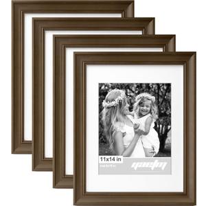 Yaetm 11x14 Picture Frame with Mat for 8x10 Set of 4, 1.4" Wide Molding & Dark Brown Photo Frames 11 x 14 with Tempered Glass for Wall Gallery, Home and Office, Wall Mount (4 pack, Brown)