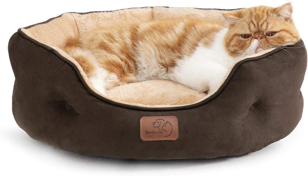 Bedsure Dog Beds for Small Dogs - Round Cat Beds for Indoor Cats, Washable Pet Bed for Puppy and Kitten with Slip-Resistant Bottom, 20 Inches, Brown (20.0"L x 19.0"W x 6.0"Th)