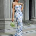 KUTUMAI Women's Summer Floral Bodycon Maxi Dress Spaghetti Strap Long Wedding Guest Baby Shower Dresses (M)