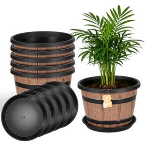 12 Inch Whiskey Barrel Planters with Drainage Holes & Saucer, 5 Pack Plastic Plant Pots with Wine Barrel Design, Flower Pots for Indoor Outdoor Balcony