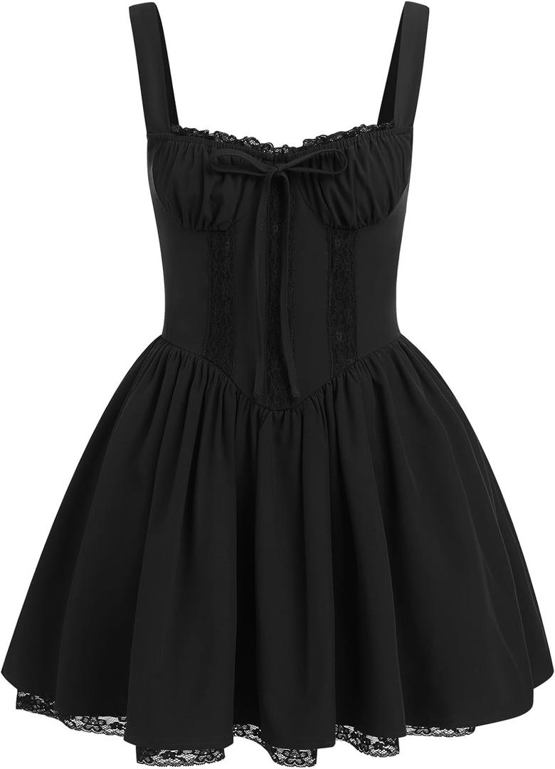 Corset Dresses for Women Spaghetti Straps Short Mini Floral Lace Bustier Dress Summer Boho Sundress (Small, Black)