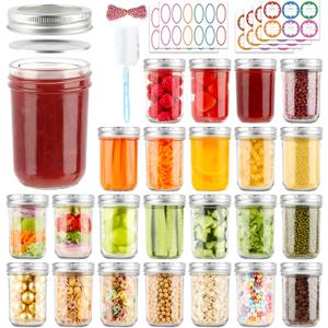 PINIWON Mason Jars 8 oz with Lids and Bands, 24 Pack Regular Mouth Half Pint Canning Jars, Small Mason Jars for Jam Jelly Honey DIY Projects, 48 Labels, Brush & String Included