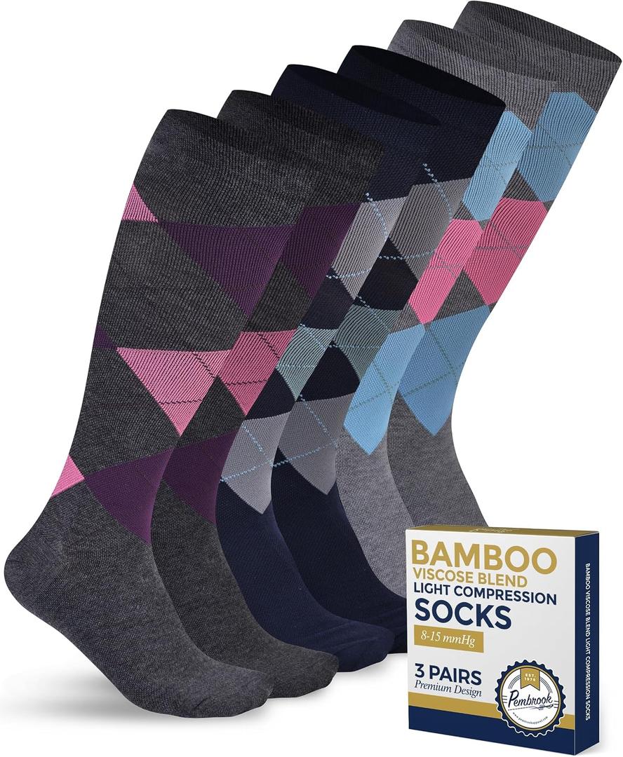 Pembrook Bamboo Viscose Light Compression Socks - 3 Pairs | 8-15 mmHg Light Compression Socks for Women and Men | Knee High Navy, Dark Grey, Light Grey Argyle | Knee High Mens and Womens Larg