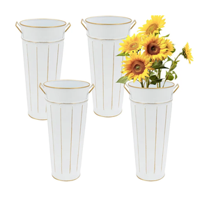 Galvanized Metal Vases 12inch Rustic Farmhouse French Flowers Bucket Vase Vintage Style for Home Wedding Decor (White Set of 4)
