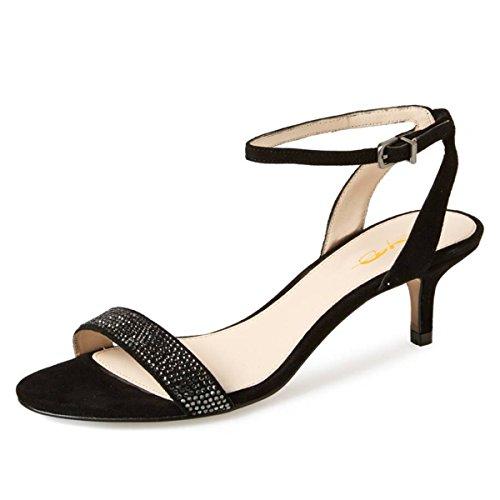 XYD Women Open Toe Ankle Strap Sandals Wedding Kitten Heels Rhinestones Studded Buckle Dance Casual Dress Shoes, Size: 8, Black