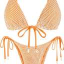 ZAFUL Women Triangle String Two Piece Bikini Fishnet Mesh Tie Shell Decor Tanga 2 Piece Swimsuit (Medium)