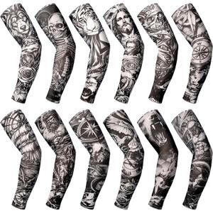 Boao 12 Pcs Temporary Tattoo Sleeve for Men Cooling Arm Sleeves Long Fingerless Arm Cover Anti Slip UV Protection Sun (One Size)