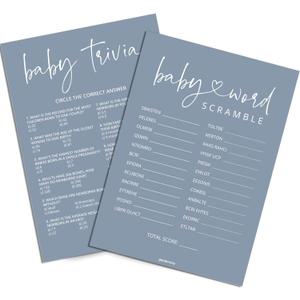 Baby Shower Games Boy - Baby Trivia and Word Scramble Game, 50 Double-Sided Cards (Blue)