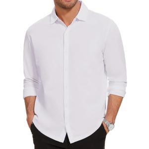 Men's Long Sleeve Casual Button Down Shirts Untucked Shirts for Men Business Stretch Wrinkle Free Dress Shirt (White, XXL)