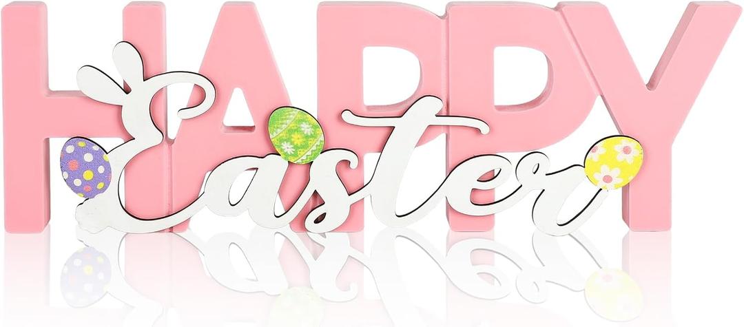 COCHIE Wooden Happy Easter Sign, Spring Decorations for Home, Office, Shelf, Mantel, Indoor, Wood Bunny Ear Egg Decor, Pink Spring Table Top Party Supplies Decoration (Easter)