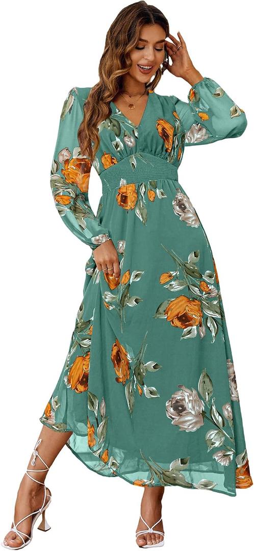 Simplee Women's Boho Floral Maxi Dress Flowy Casual V Neck Short Sleeve Wedding Guest Holiday Beach Long Dress, Large