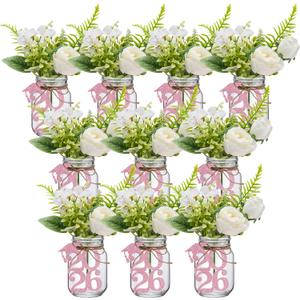 Knitgrip 10 Sets 2026 Graduation Table Centerpieces Party Decoration Mason Jars with Glitter Cutouts Tags Artificial Flowers and Jute Rope Double Side 2026 Graduation Cutouts for Grad Decors (Pink)