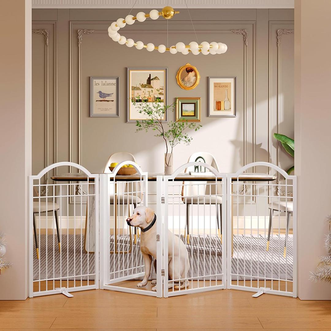 BHG Metal No-Assembly Freestanding Dog Gate with Door Walk Through, Extra Wide 80", Extra Tall 30" Pet Gate, Accordion Puppy Folding Playpen Dog Fence for Indoor & Outdoor, with 2PCS Support - White