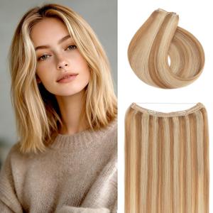 Rich Choices Short Halo Hair Extensions Real Human Hair Remy Hairs Halo Extension for Women Invisible Wire Clip in Hairpiece for Short Hairs 12 Inch #12P613 Golden Brown Highlight Bleach Blonde