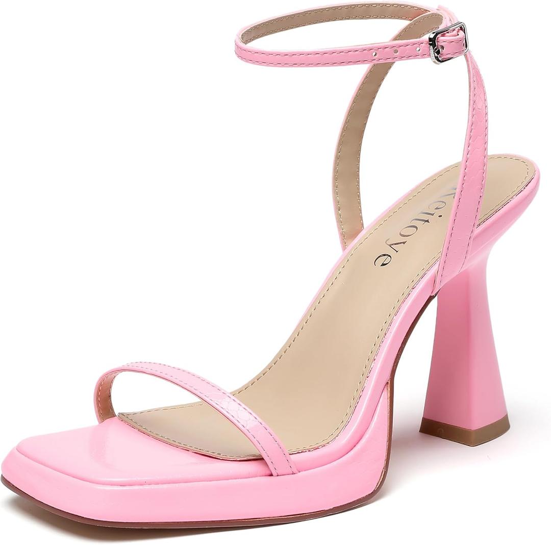 Reitoye Strappy Heels for Women Platform High Chunky Heels Square Open Toe Heeled Sandals Ankle Strap Block Heels (7, Hot Pink Snakeskin)