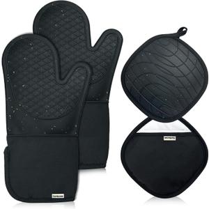 Oven Glove Cute,Cooking Mittens,Oven Mittens for Kitchen,Oven Gloves for Kitchen,Washable Silicone Oven Mitts Heat Resistant 500F, Potholders for Kitchens Cooking Baking, Black