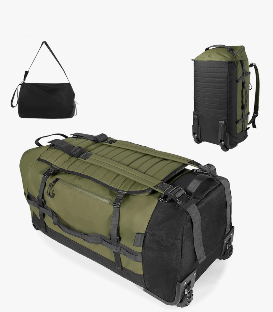 86L 30” Folding Duffle Backpack with 2 Wheels,Travel Bag with Separate Shoe Compartment,Army Green