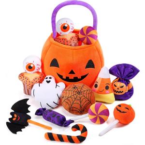 HyDren 11 Pcs Halloween Pumpkin Toys My First Plush Halloween Basket Pumpkin Baskets with Handles Ghost Candy Corn Bat for Kids Toddler Party Decoration Gift(Orange)