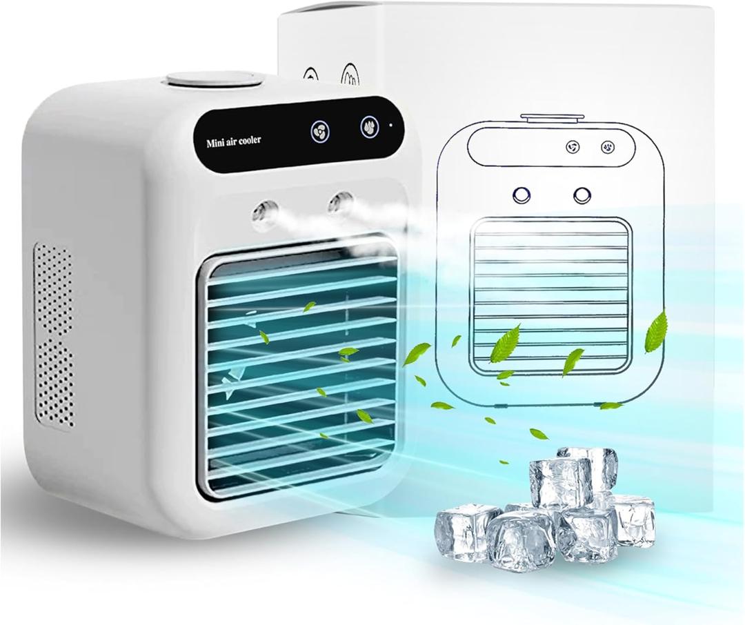 Portable Air Conditioner, 25W Rechargeable Mini Evaporative Cooler with Dual Mist & 2 Wind Speeds, Personal Cooling Fan for Small Room, Bedroom, Office, Outdoor Camping