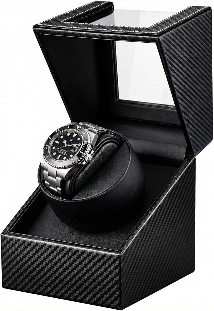 Watch Winder for Automatic Watches: Single Watch Winder Box with Quiet Japanese Motor - Rotating Watch Case in Black Carbon Fiber Leather Storage Display Box for Men (2026 New)