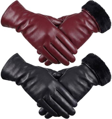 Cuffbow 1Pairs Women's Lambskin Leather Gloves Touch Screen Warm Fleece Lining Driving Winter Gloves for Cold Weather, M-L