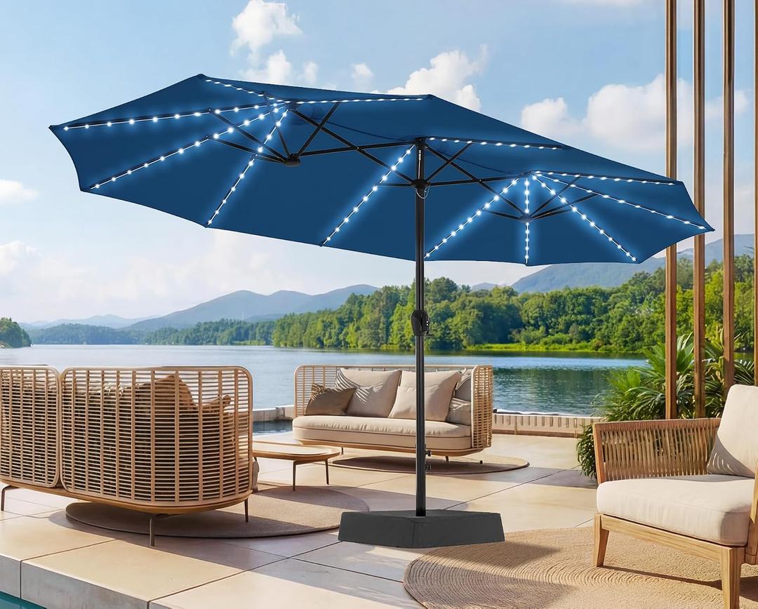 SUPERJARE 15ft Large Patio Umbrella with Base included, Double Sided Outdoor Umbrella with Solar Lights, Pool Umbrella with Fade Resistant Canopy for Deck, Porch, Yard, Balcony, Navy Blue