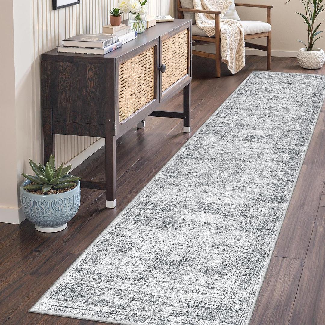 2x7 Runner Rug Non Slip, Thin Entryway Washable Rug for Entryway, Runners for Hallways, Low Pile Vintage Abstract Soft Rugs for Living Room, Kitchen, Bedroom(2'x7', Grey/Ivory)
