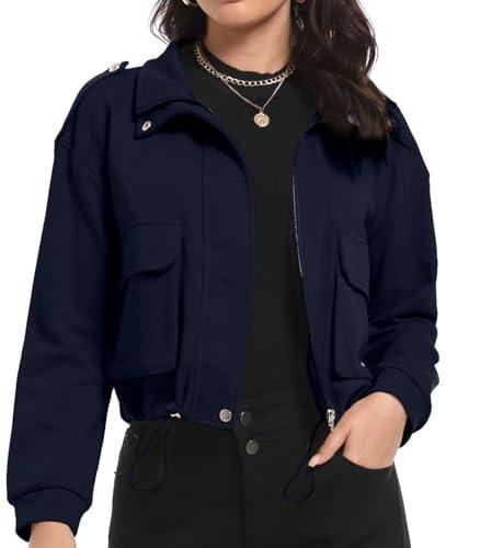 MISS MOLY Womens Cropped Jacket Zip Up Casual Long Sleeve Bomber Coat with Pockets Trendy 2025 Navy S