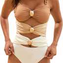 Fanuerg Women's One Piece Swimsuit Sexy Cutout Color Block Bathing Suit Golden O Ring Linked Swimwear (Medium)