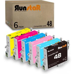 Run Star 6 Pack Remanufactured for T048 Ink Cartridge Replacement for Epson 48 T048 use for Epson Stylus Photo R200 R220 R300 R300M R320 R340 RX500 RX600 RX620 Printer (BK/C/M/Y/LC/LM)