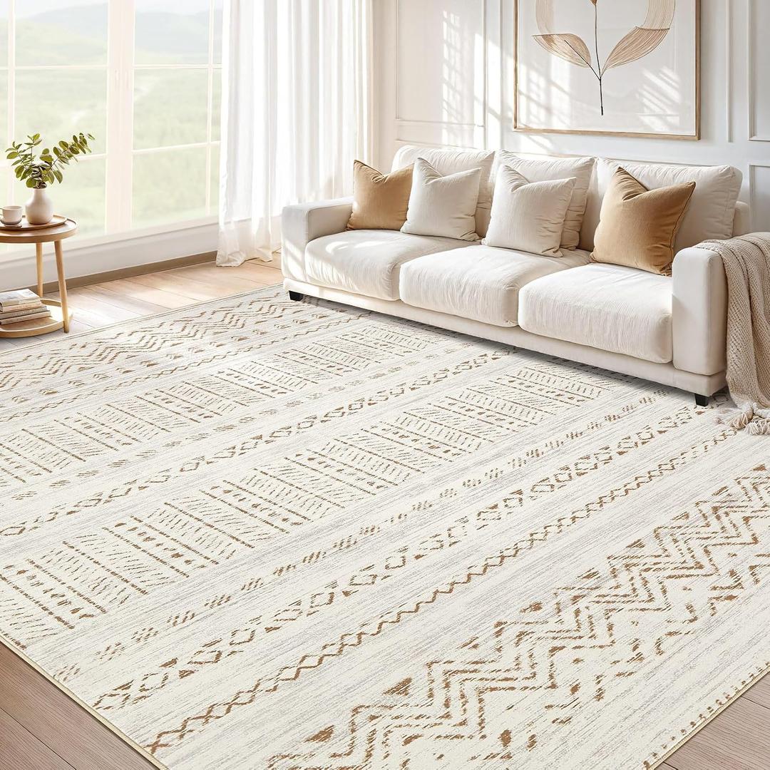 cotiled 12x15 Area Rug Living Room: Washable Boho Rugs with Non Slip Backing Large Soft Indoor Stain Resistant Carpet for Bedroom Farmhouse Dining Room Lightweight Home Decor Brown/Cream