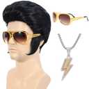 Bettecos 4pcs Set 50s Rock Wig with Sunglasses and Necklace for Men Singer Rocker Costume Wigs for Cosplay Halloween Party (Adults)